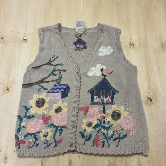 Northern Reflections Sweaters - Vintage Northern Reflections Sweater Vest Womens XL Beige Birdhouse Floral Knit